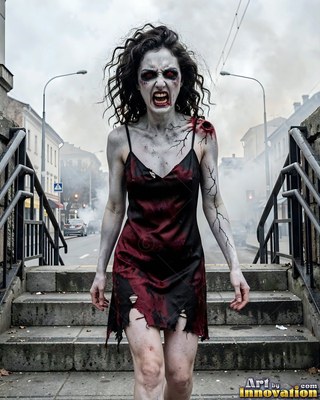 Undead siren in battle-worn leather against a desolate wasteland under a burning red sky