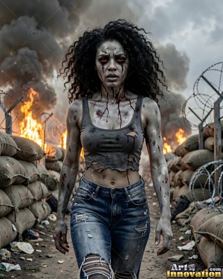 Hauntingly beautiful undead siren with pale skin and dark veins, standing in the ruins of a dead city