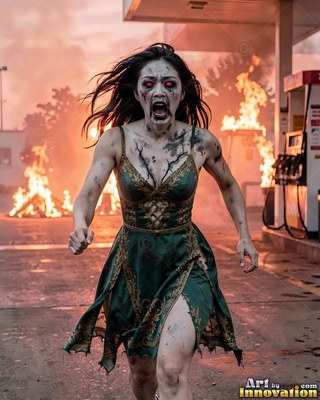 Female undead siren in a torn gothic dress amid rubble and drifting fog, lit in cold cinematic light