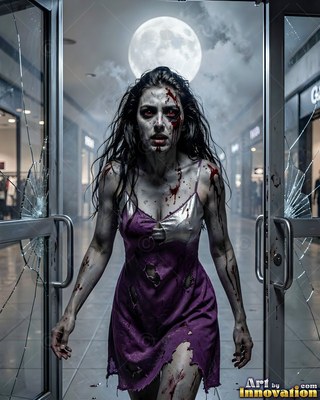 Undead siren in battle-worn leather against a desolate wasteland under a burning red sky