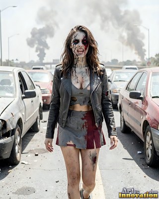 Hauntingly beautiful undead siren with pale skin and dark veins, standing in the ruins of a dead city