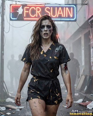 Female undead siren in a torn gothic dress amid rubble and drifting fog, lit in cold cinematic light