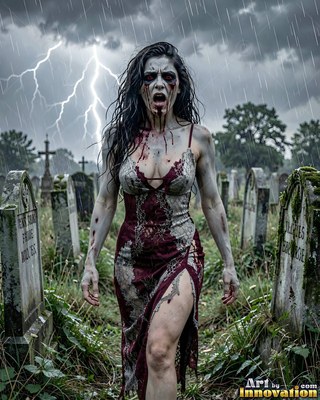 Close horror portrait of a beautiful undead woman, clouded eyes and dark tracery across gray skin