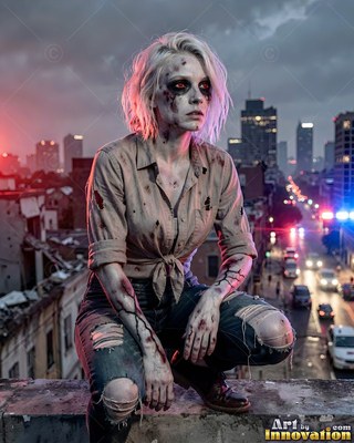 Undead siren in battle-worn leather against a desolate wasteland under a burning red sky