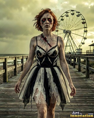 Hauntingly beautiful undead siren with pale skin and dark veins, standing in the ruins of a dead city
