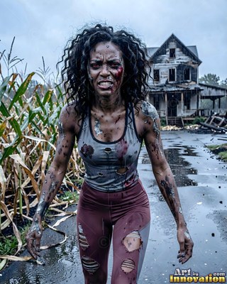 Female undead siren in a torn gothic dress amid rubble and drifting fog, lit in cold cinematic light