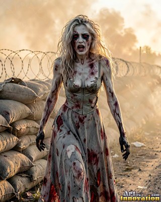 Undead siren in battle-worn leather against a desolate wasteland under a burning red sky