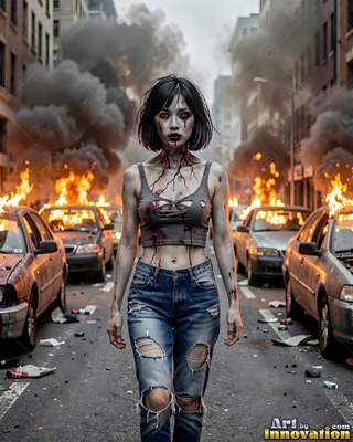 Female undead siren in a torn gothic dress amid rubble and drifting fog, lit in cold cinematic light