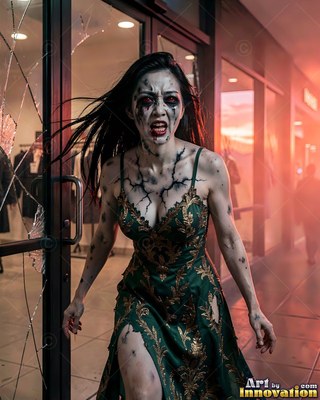 Close horror portrait of a beautiful undead woman, clouded eyes and dark tracery across gray skin