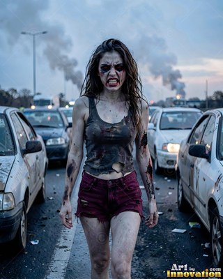 Undead siren in battle-worn leather against a desolate wasteland under a burning red sky