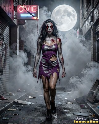 Hauntingly beautiful undead siren with pale skin and dark veins, standing in the ruins of a dead city
