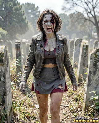 Female undead siren in a torn gothic dress amid rubble and drifting fog, lit in cold cinematic light
