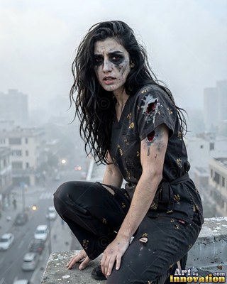 Close horror portrait of a beautiful undead woman, clouded eyes and dark tracery across gray skin