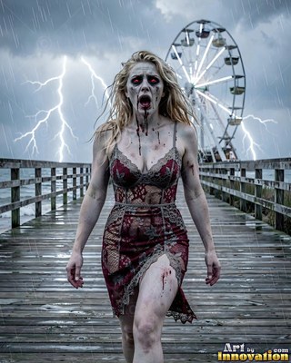 Undead siren in battle-worn leather against a desolate wasteland under a burning red sky