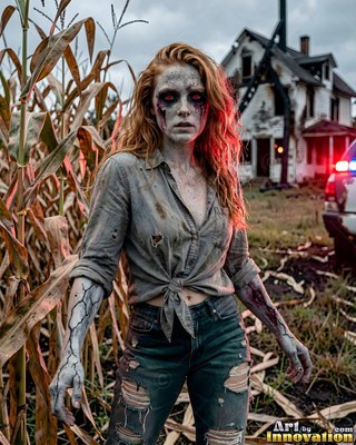 Hauntingly beautiful undead siren with pale skin and dark veins, standing in the ruins of a dead city