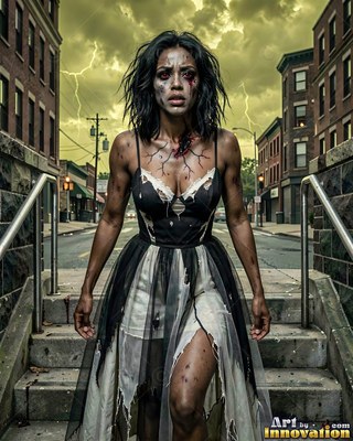 Female undead siren in a torn gothic dress amid rubble and drifting fog, lit in cold cinematic light