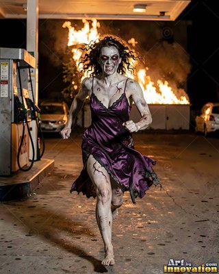 Undead siren in battle-worn leather against a desolate wasteland under a burning red sky