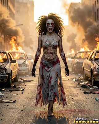 Hauntingly beautiful undead siren with pale skin and dark veins, standing in the ruins of a dead city