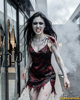 Female undead siren in a torn gothic dress amid rubble and drifting fog, lit in cold cinematic light