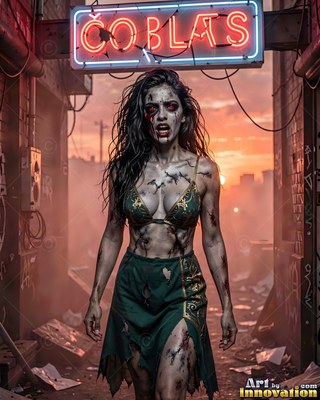 Undead siren in battle-worn leather against a desolate wasteland under a burning red sky