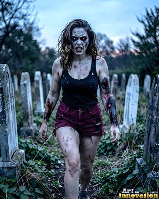 Hauntingly beautiful undead siren with pale skin and dark veins, standing in the ruins of a dead city