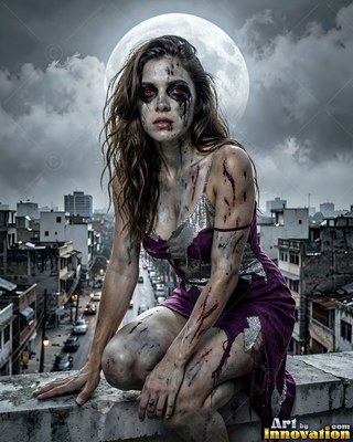 Female undead siren in a torn gothic dress amid rubble and drifting fog, lit in cold cinematic light