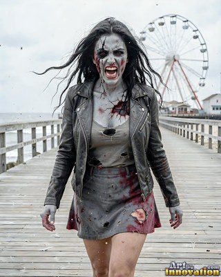 Close horror portrait of a beautiful undead woman, clouded eyes and dark tracery across gray skin