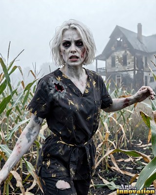 Undead siren in battle-worn leather against a desolate wasteland under a burning red sky