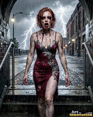 Hauntingly beautiful undead siren with pale skin and dark veins, standing in the ruins of a dead city