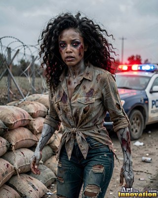 Female undead siren in a torn gothic dress amid rubble and drifting fog, lit in cold cinematic light