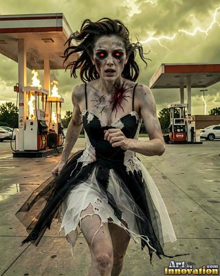 Close horror portrait of a beautiful undead woman, clouded eyes and dark tracery across gray skin