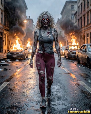 Undead siren in battle-worn leather against a desolate wasteland under a burning red sky