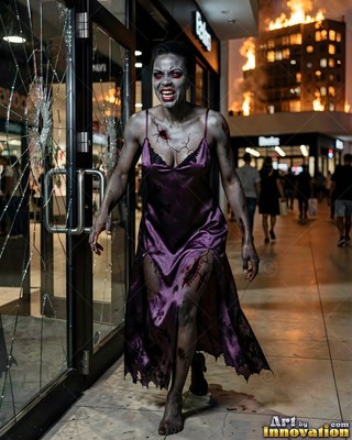 Hauntingly beautiful undead siren with pale skin and dark veins, standing in the ruins of a dead city