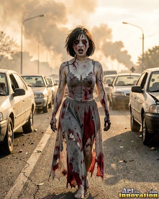 Female undead siren in a torn gothic dress amid rubble and drifting fog, lit in cold cinematic light