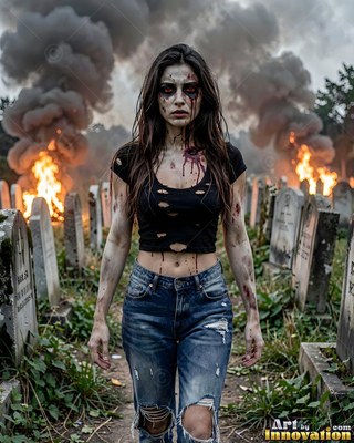 Undead siren in battle-worn leather against a desolate wasteland under a burning red sky