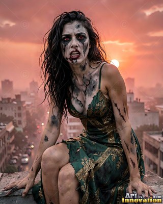 Hauntingly beautiful undead siren with pale skin and dark veins, standing in the ruins of a dead city
