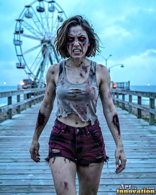 Female undead siren in a torn gothic dress amid rubble and drifting fog, lit in cold cinematic light