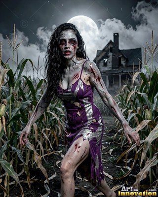 Close horror portrait of a beautiful undead woman, clouded eyes and dark tracery across gray skin