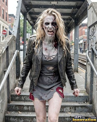 Undead siren in battle-worn leather against a desolate wasteland under a burning red sky