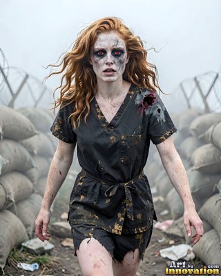 Hauntingly beautiful undead siren with pale skin and dark veins, standing in the ruins of a dead city