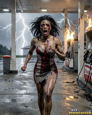 Female undead siren in a torn gothic dress amid rubble and drifting fog, lit in cold cinematic light