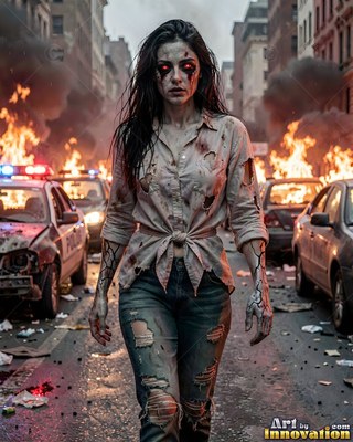 Close horror portrait of a beautiful undead woman, clouded eyes and dark tracery across gray skin