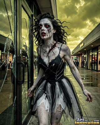 Undead siren in battle-worn leather against a desolate wasteland under a burning red sky