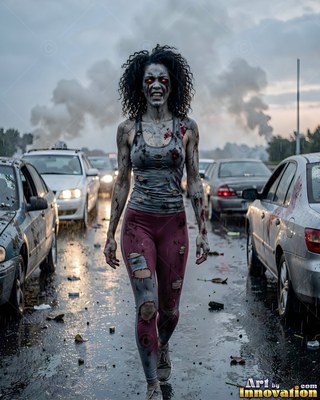 Hauntingly beautiful undead siren with pale skin and dark veins, standing in the ruins of a dead city