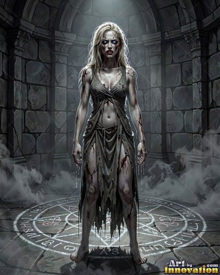 Female undead siren in a torn gothic dress amid rubble and drifting fog, lit in cold cinematic light