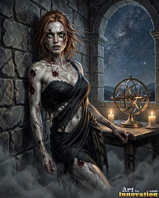 Close horror portrait of a beautiful undead woman, clouded eyes and dark tracery across gray skin