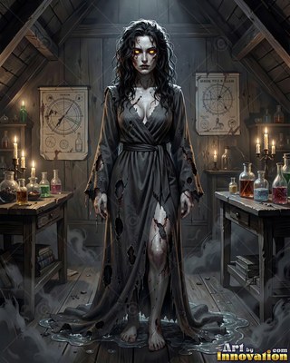 Undead siren in battle-worn leather against a desolate wasteland under a burning red sky