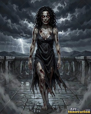 Hauntingly beautiful undead siren with pale skin and dark veins, standing in the ruins of a dead city