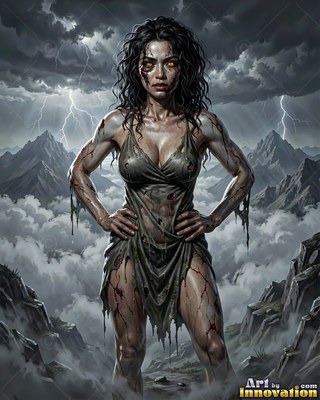 Female undead siren in a torn gothic dress amid rubble and drifting fog, lit in cold cinematic light