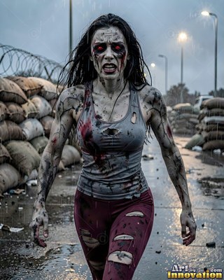 Close horror portrait of a beautiful undead woman, clouded eyes and dark tracery across gray skin